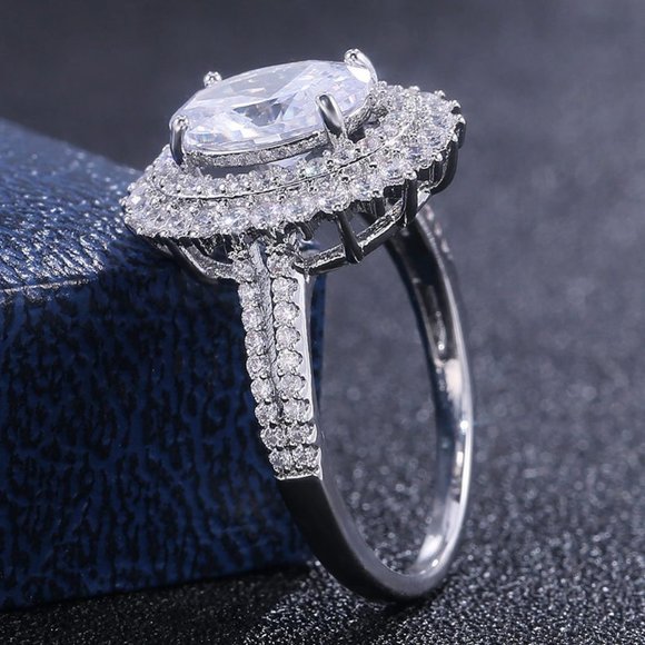 NEW Silver Oval Diamond Double Halo Ring 5 - Picture 6 of 7